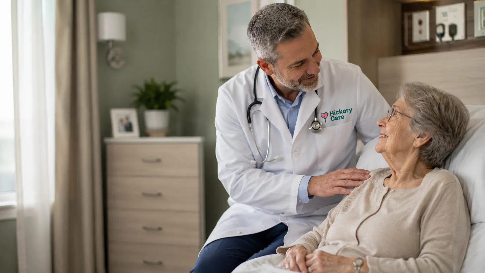 A Hickory Care physician at the bedside with a resident in her room